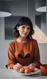 a woman is standing next to the table with her plate and cups