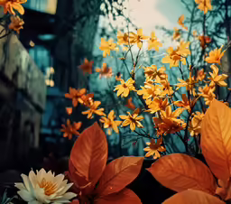orange flowers next to an old building