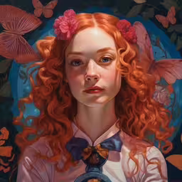 this painting shows a redheaded woman with red hair and curly hair wearing a bow tie,painting of redhead girl with butterfly necklace with blue background