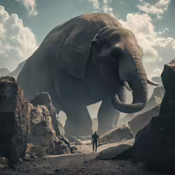 an elephant with long tusks walking down a hill