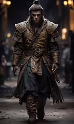 a man with a black and gold outfit walking