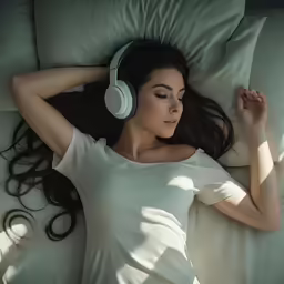a woman lying on a bed with headphones