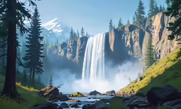 the scenic scene shows a waterfall and mountain