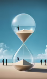 two men stand on top of a large hour - glass watch