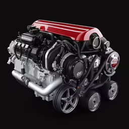 a red engine and four different engines