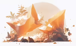 orange paper objects fall over and fly into the air