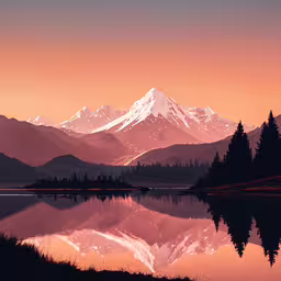 a small lake surrounded by mountains with pink skies,a mountain range is reflected in a lake