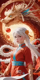 an oriental style woman in red holding a sword