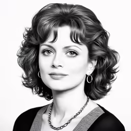 a woman wearing a black top and pearls