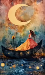 a woman is sitting in a boat floating on water
