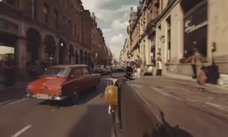 a vintage car and a motorcycle are driving down a busy street
