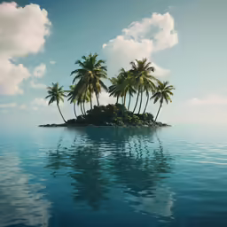 two palm trees sit on an island in the middle of water