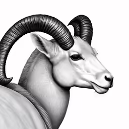a black and white photo of a ram with horns