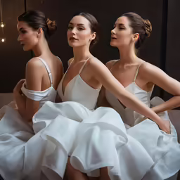three beautiful women dressed in white sitting on a chair