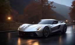 a white sports car driving down a road in the rain