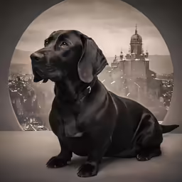 a dog in front of a very big city