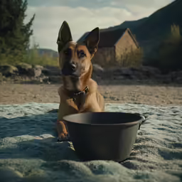 a dog on the sand looking at a bowl
