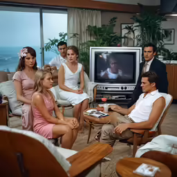 a bunch of people sitting around and watching television