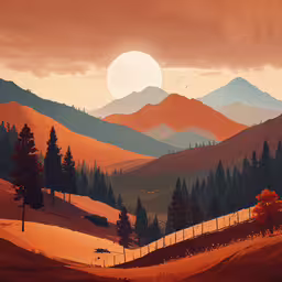 a painting of some oranges and blue mountain hills,the painting is very colorful, it shows hills and trees