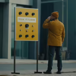 a man standing next to a large yellow sign
