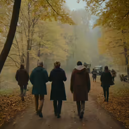 three people are walking down the path in the woods