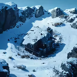 a building in the middle of some snow covered ground