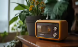 a small radio sitting on a table near some potted plants