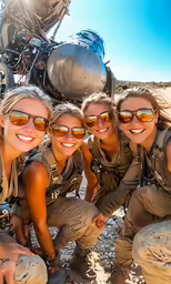 women in uniforms pose together on a desert