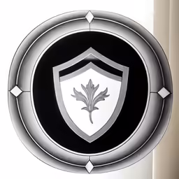 a coat of arms emblem sitting next to a wall