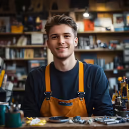 a man wearing a yellow bib is sitting at a table in front of tools