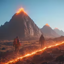 three people walking up a mountain with a fire trail coming down them