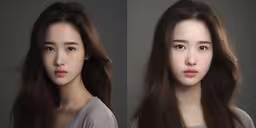 three pictures of the same woman in different positions,two pictures of a woman with a long brown hair