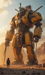 a yellow robotic standing in the desert with a human