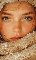 a woman is covered in snow and she has brown eyes