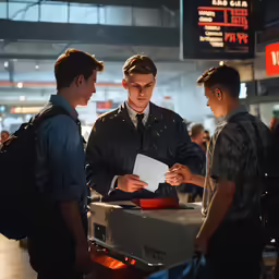 three young men standing around a luggage claim