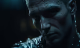 a close up of a man wearing shiny clothing