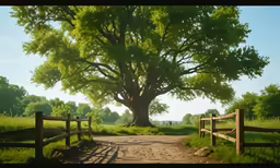 a painting shows an old dirt road, a tree, and a fence