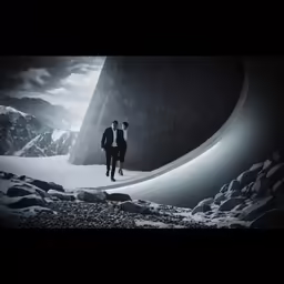 the two businessmen are walking up a hill in their suits