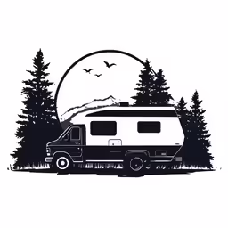 a black and white graphic design with a camper truck on the grass