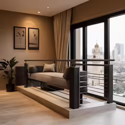 a living room area with stairs and a view of the city