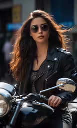 a woman wearing sunglasses on a motorcycle