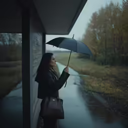 a woman is holding an umbrella outside in the rain