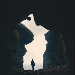 a person standing alone in front of some very large rocks