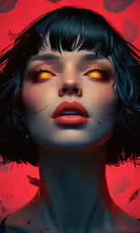 a beautiful woman with yellow eyes in front of a red background