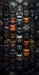 several masks of different colors and sizes, all with their eyes open