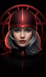 a woman with a red helmet and long gray hair