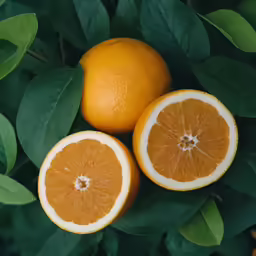 two oranges sit in a circle, with leaves around them