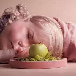 a girl with blonde hair has been eating a green apple on a pink plate