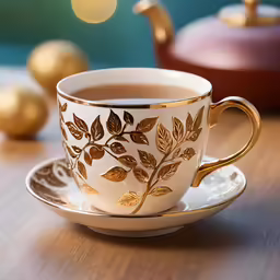 gold - trimmed coffee cup and saucer in front of a tea pot