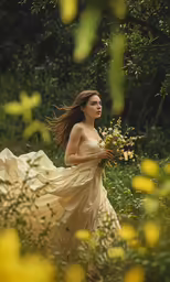a woman with long hair standing in a field